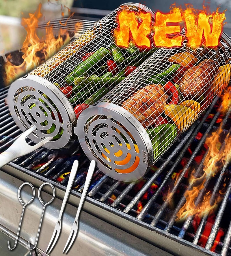 AUCMA Rolling Grilling Baskets for Outdoor Grill Bbq Net Tube Must Have Large Round Mesh Barbecue Cylinder Cage Essentials Gadgets Cooking Accessories for Picnic Veggies Vegetable Fish Meat, Gift for Men - Image 1